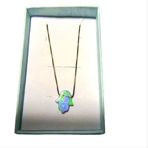 Blue Created Opal Hamsa Hand on Italian Sterling Silver Necklace